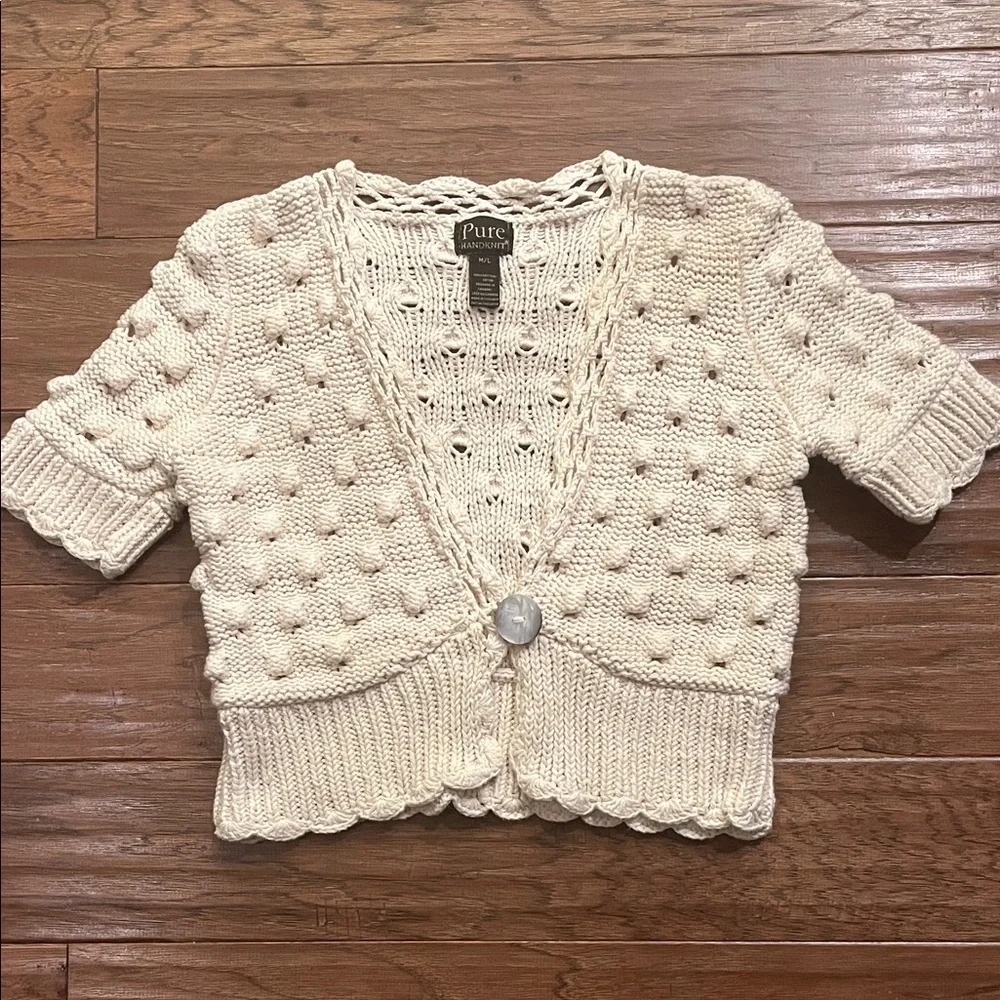 PURE Hand knit Short Sleeve Cardigan in CreamSize M/L - Picture 1 of 5